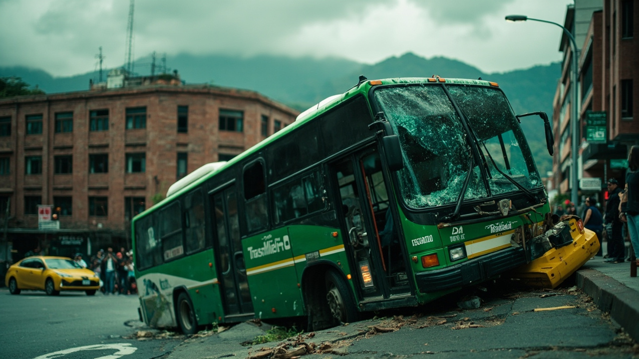 Bus alimentador de TransMilenio cae por pendiente y choca con taxi en Bogotá